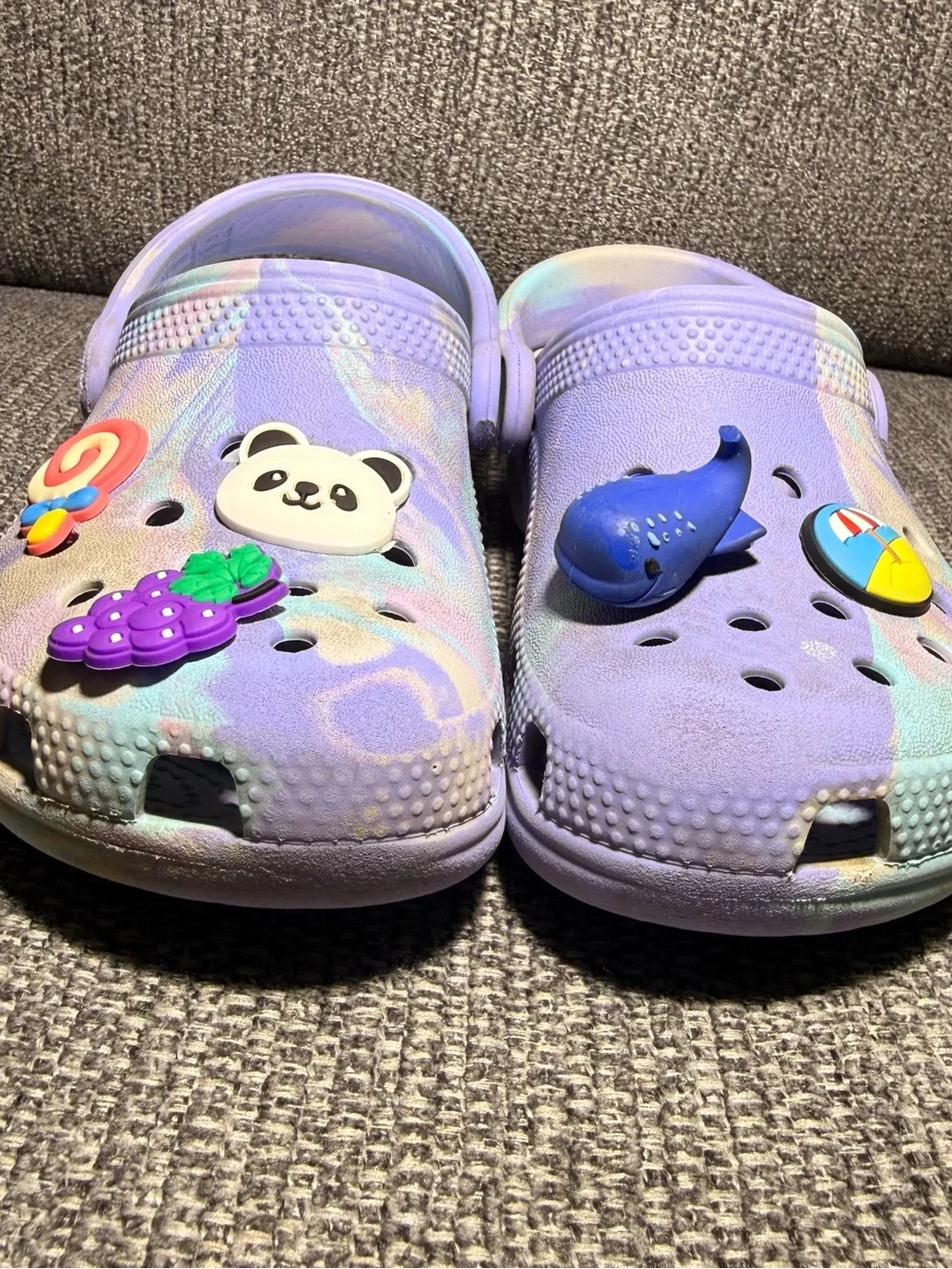 Crocs Kids' Classic Marbled Clogs in a purple/pink and blue  size C11